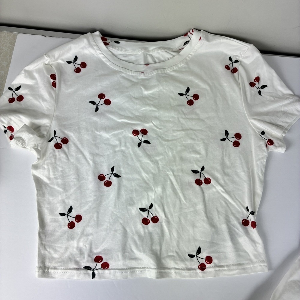 Y2K Babydoll Baby Tee Crop Top Cherry Print 2 pcs 90s Coquette Cute Feminine M - Picture 3 of 6